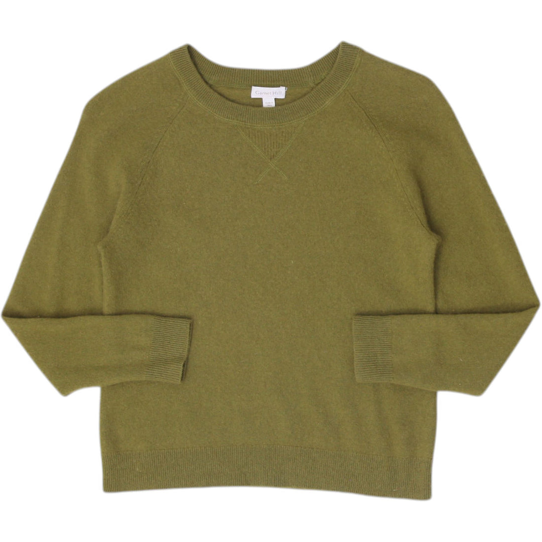 Ladies Garnet Hill 100% Cashmere Sweater Olive Green Raglan Crewneck Size M
