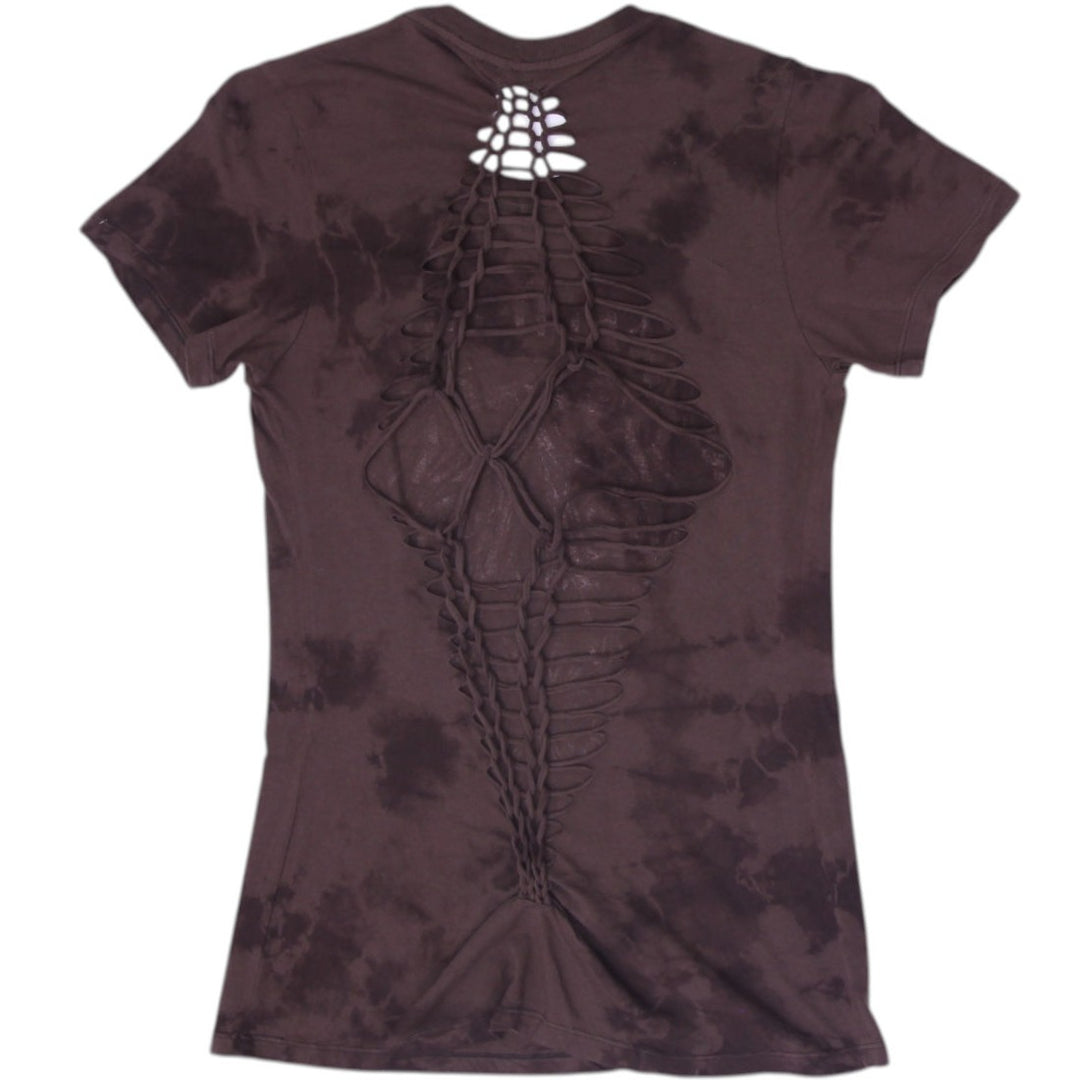 Y2K Ladies Affliction Distressed Graphic Tee Brown Lava Wash Braided Spine Back