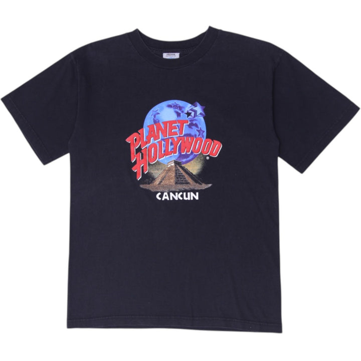 Vintage 90s Planet Hollywood Cancun Graphic T-Shirt Size Medium Black Mayan Pyramid Logo