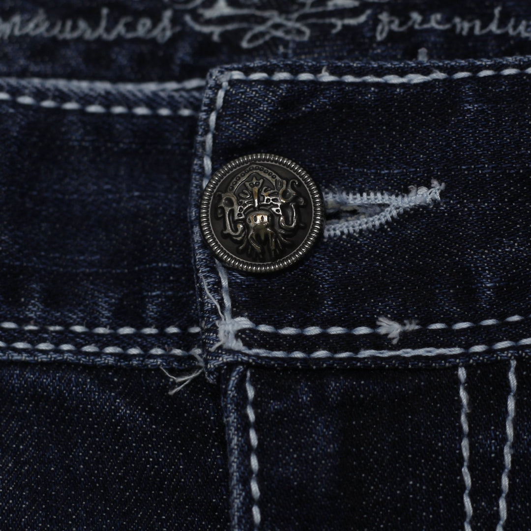 Y2K Ladies Maurices Premium Bootcut Jeans Dark Wash Fleur De Lis Pocket Embroidered Stretch 9/10 Long