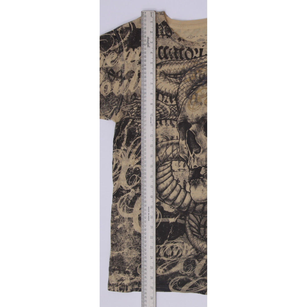 Y2K Mens Xtreme Couture Affliction Skull Snake All Over Print T-Shirt Size S