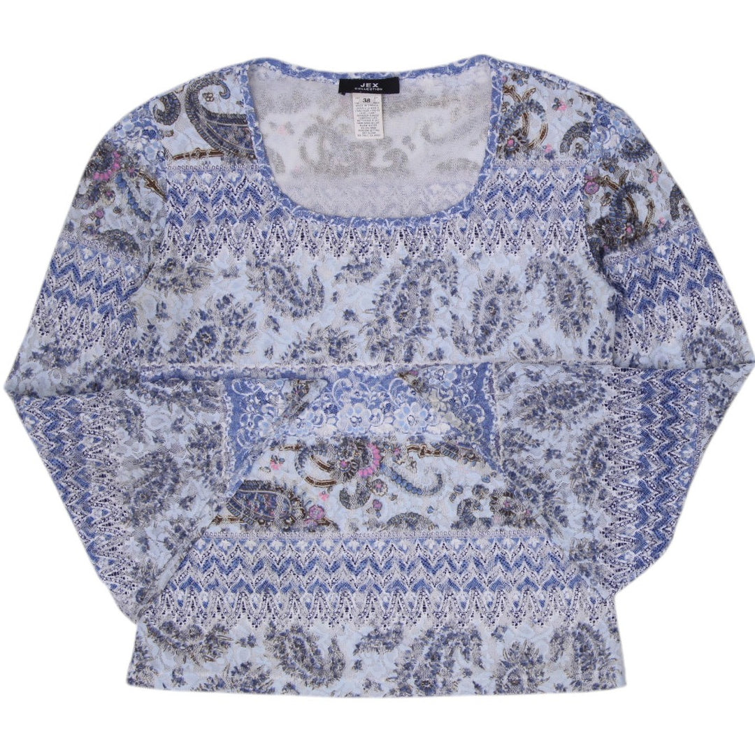 Y2K Ladies JEX Collection Blue Paisley Mesh Bell Sleeve Top Made in Canada 38