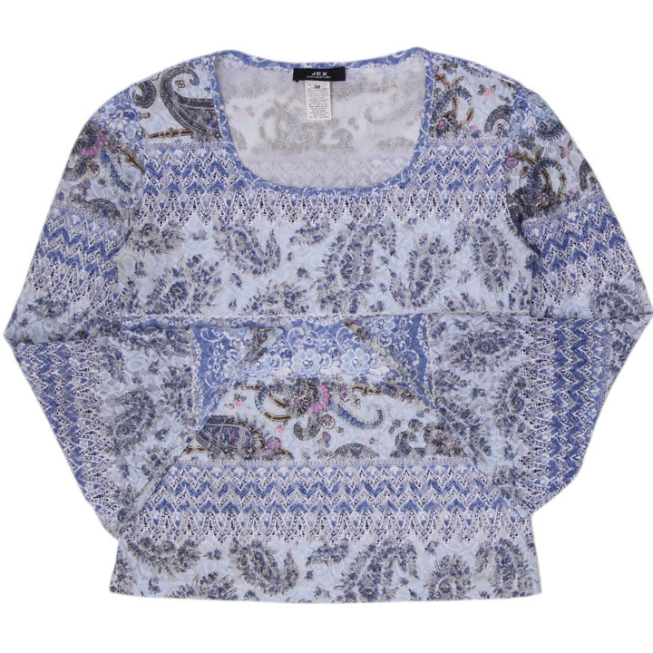 Y2K Ladies JEX Collection Blue Paisley Mesh Bell Sleeve Top Made in Canada 38