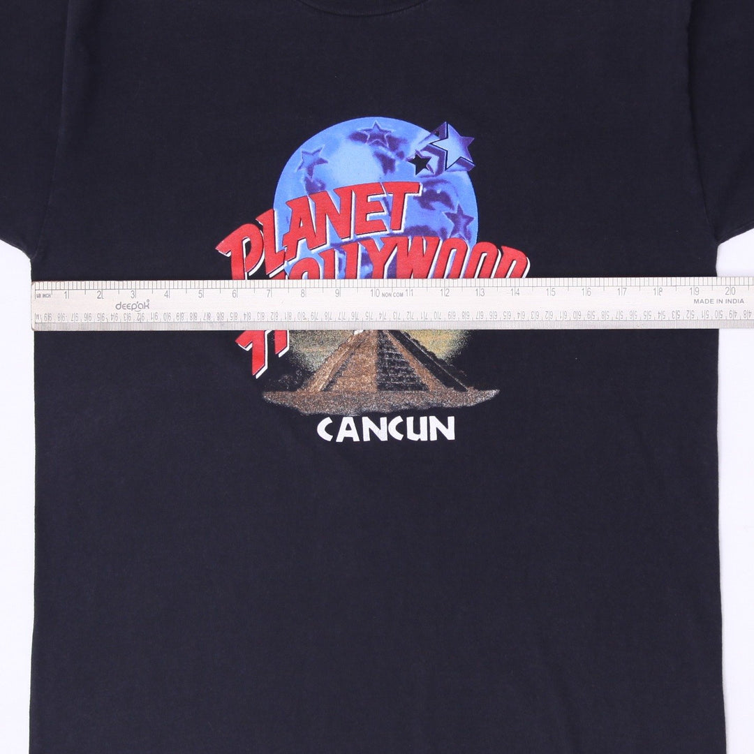 Vintage 90s Planet Hollywood Cancun Graphic T-Shirt Size Medium Black Mayan Pyramid Logo
