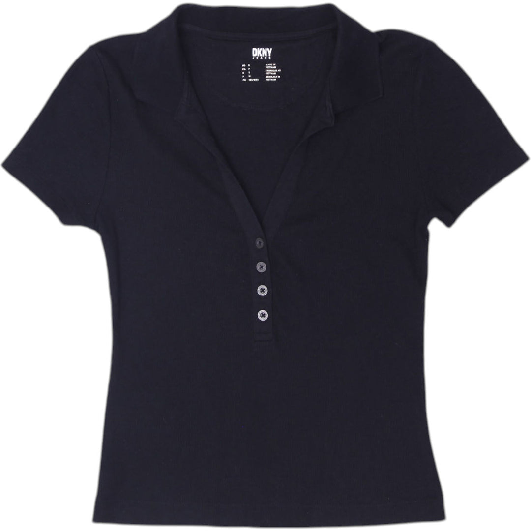 Y2K Ladies Ribbed Fitted Short Sleeve Polo T-Shirt Size S