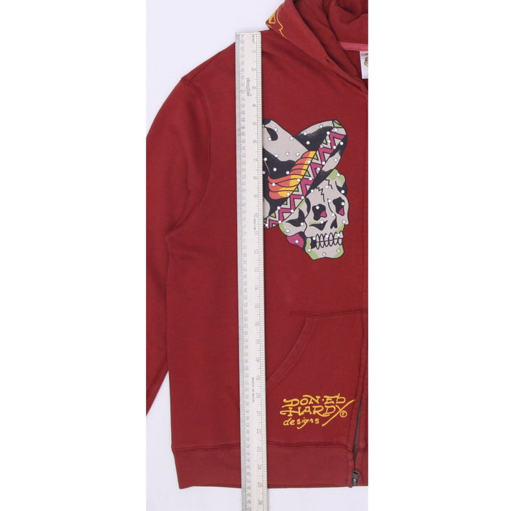 Y2K Ladies Ed Hardy Rhinestone Skull Zip Up Burgundy Hoodie Large