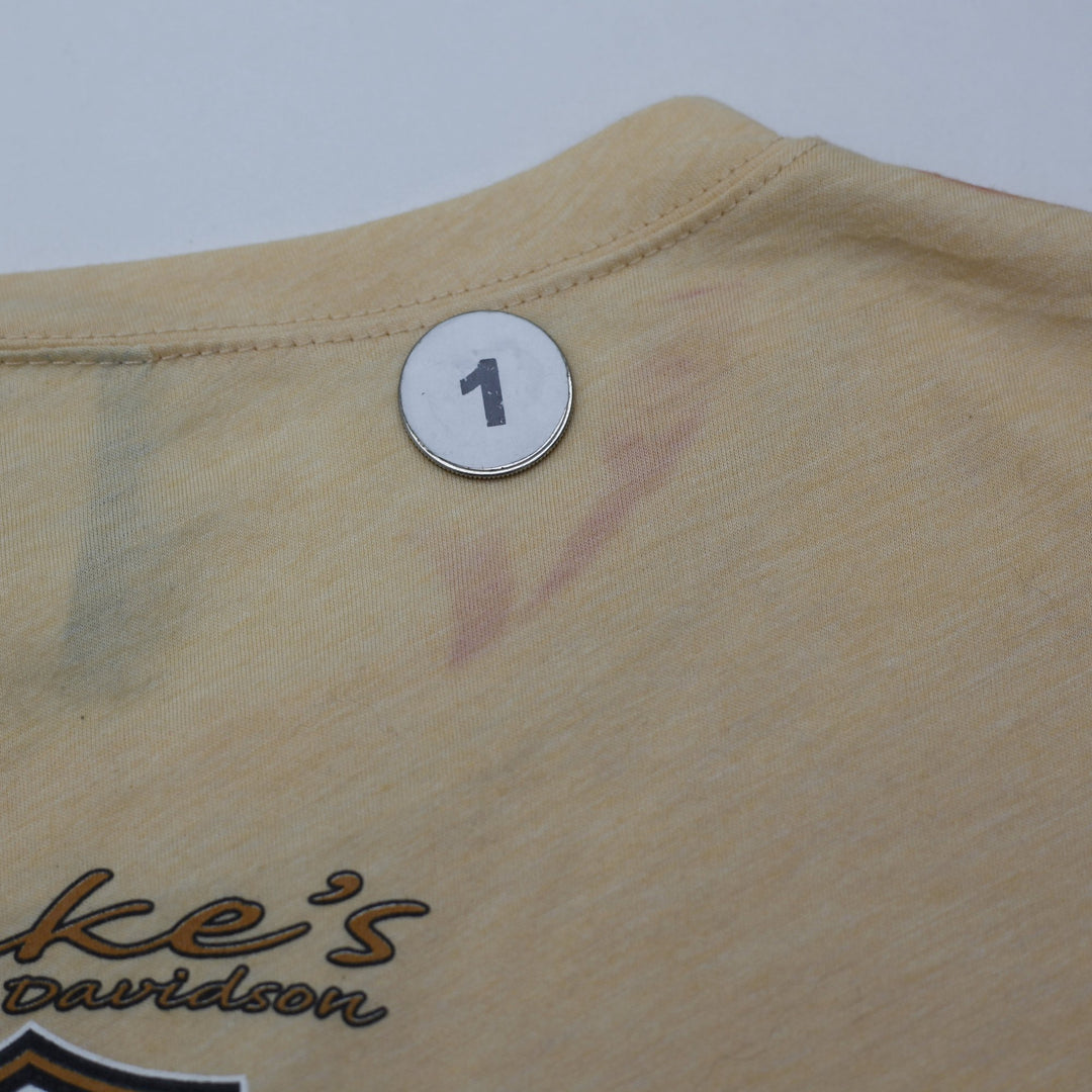 Y2K Ladies Harley Davidson Apricot Orange Eagle & Filigree Graphic Cap Sleeve