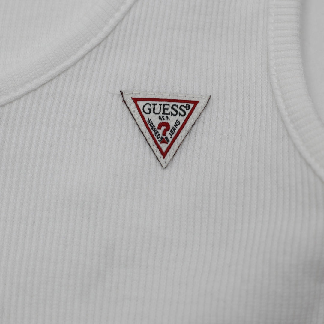Y2K Ladies Cropped Ribbed Tank Top White Button Front Triangle Logo
