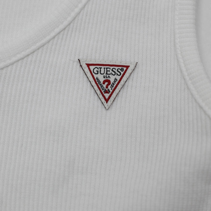 Y2K Ladies Cropped Ribbed Tank Top White Button Front Triangle Logo