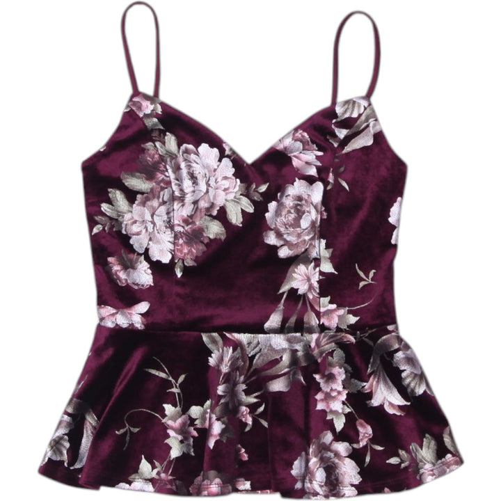 Y2K Ladies Charlotte Russe Floral Velvet Top Burgundy Peplum
