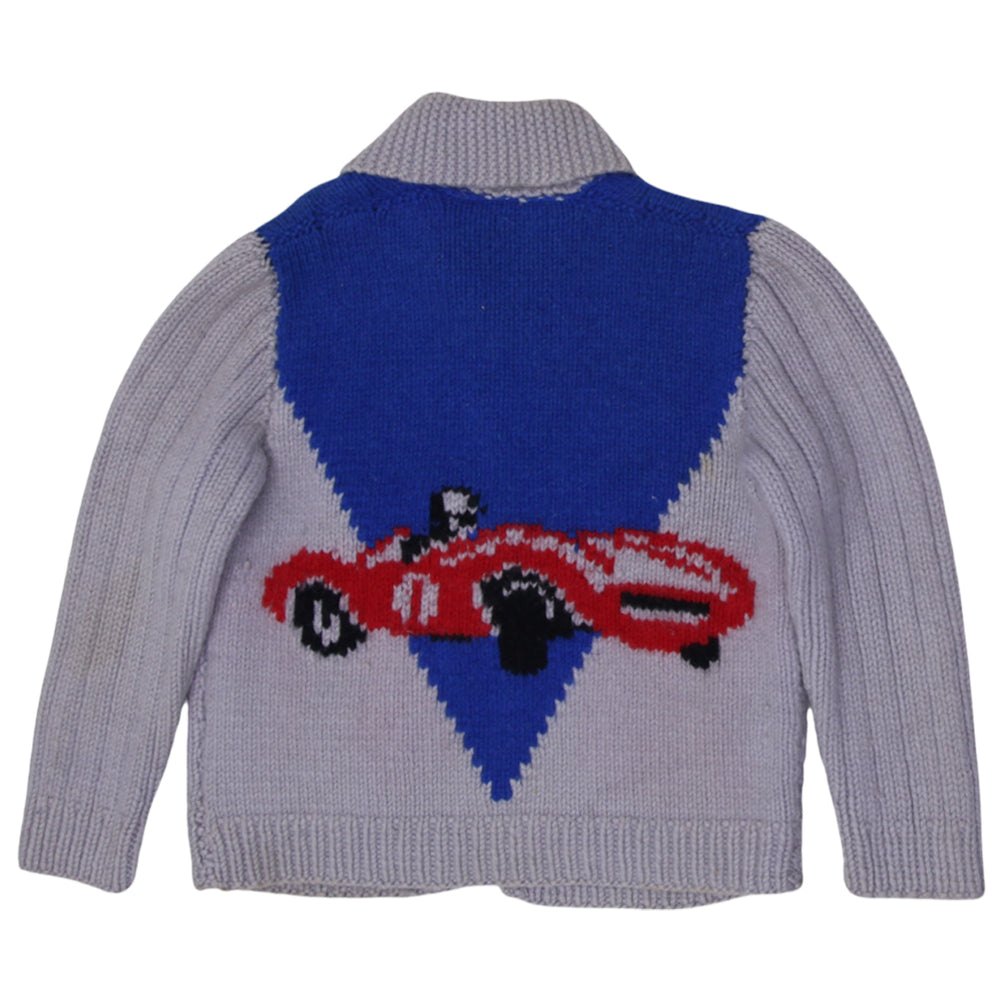 Vintage 50s hand-knit wool cardigan sweater shawl large mens fit with race car design