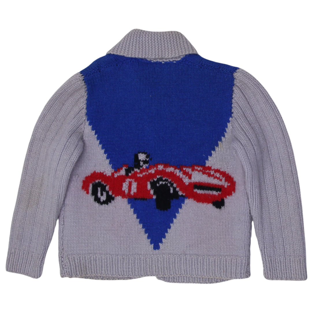 Vintage 50s hand-knit wool cardigan sweater shawl large mens fit with race car design