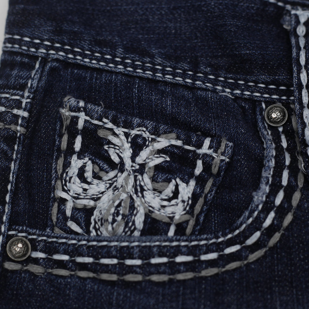 Y2K Ladies Maurices Premium Bootcut Jeans Dark Wash Fleur De Lis Pocket Embroidered Stretch 9/10 Long