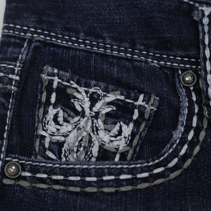 Y2K Ladies Maurices Premium Bootcut Jeans Dark Wash Fleur De Lis Pocket Embroidered Stretch 9/10 Long