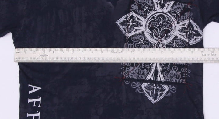 Y2K Mens Affliction V-Neck T-Shirt Black Graphic Text Logo L