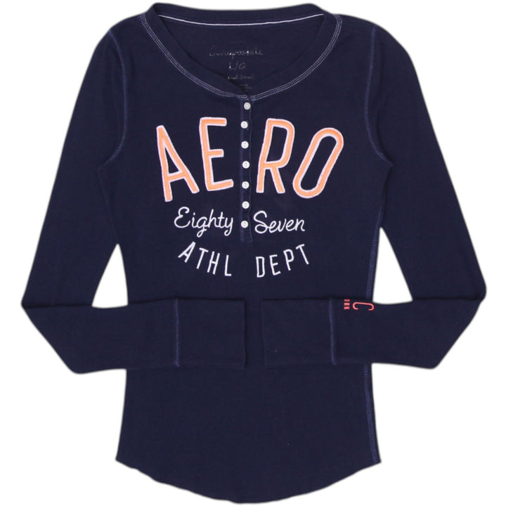 Y2K Ladies Aeropostale Henley Graphic Long Sleeve Top Size L