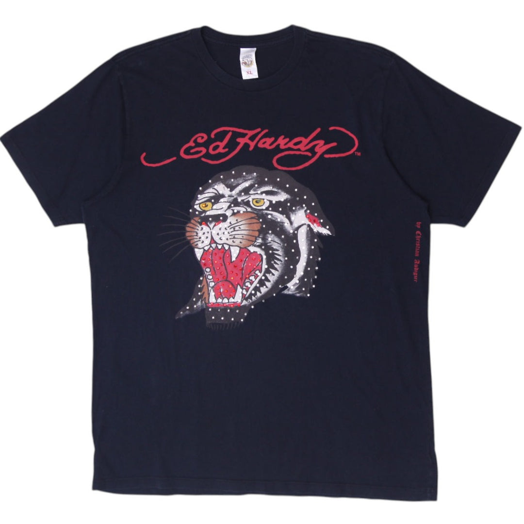Y2K Mens Ed Hardy Black Panther Rhinestone Graphic T-Shirt Size XL