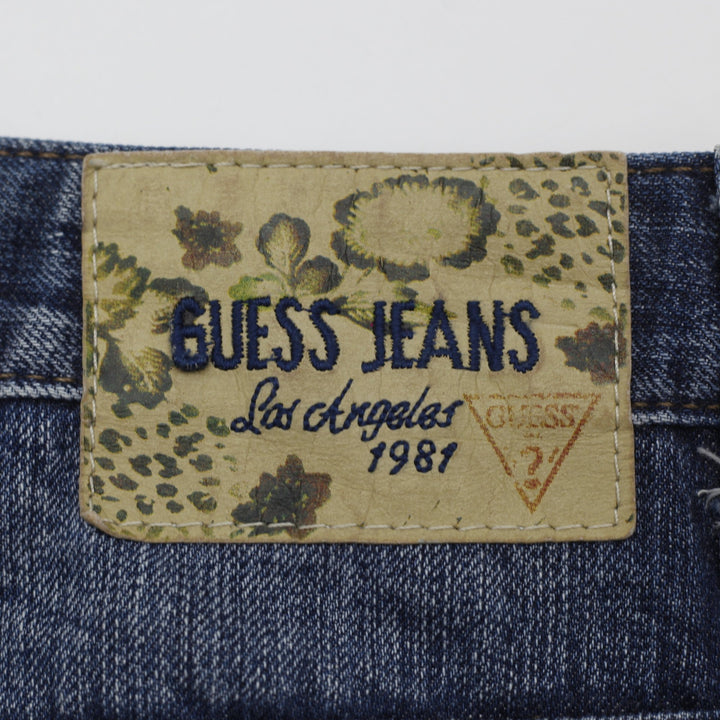 Y2K Ladies Guess Jeans Skirt Blue Denim Distressed Style Size 27