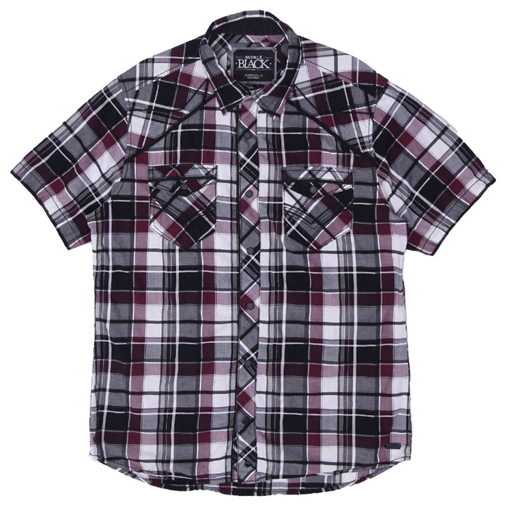 Mens Buckle Black Plaid Athletic Fit Short Sleeve Shirt - Fashion Rerun Vintage Migration_Shirt