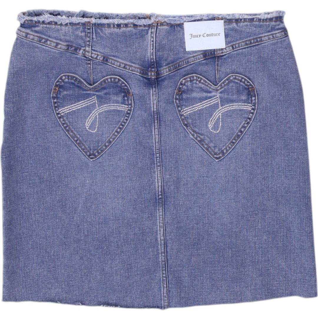 Y2K Ladies Juicy Couture Distressed Blue Hearts Denim Mini Skirt Size 12 | Migration_Skirts - Side View | Fashion Rerun
