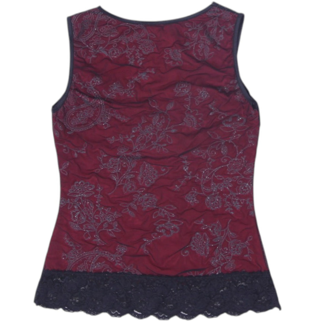 Y2K Ladies Black Lace Trim Floral Sheer Sleeveless Top