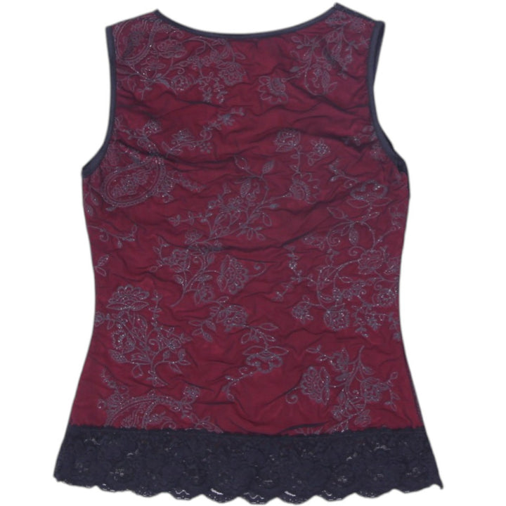Y2K Ladies Black Lace Trim Floral Sheer Sleeveless Top
