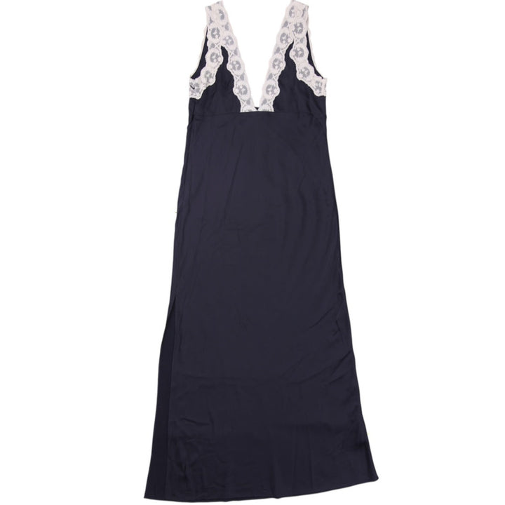 Y2K Ladies Abercrombie & Fitch Black Slip Midi Dress Cream Lace Trim V-Neck M