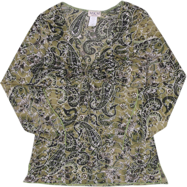 Y2K Ladies MKM Designs Olive Green Paisley Mesh Blouse Bell Sleeves Medium