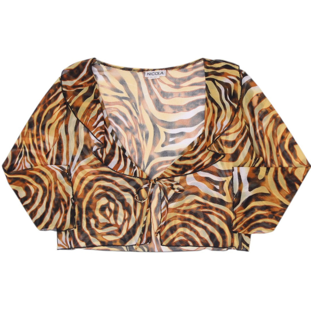 Y2K Ladies Nicola Tiger Swirl Animal Print Sheer Mesh Tie-Front Shrug Top Size M