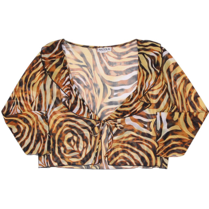 Y2K Ladies Nicola Tiger Swirl Animal Print Sheer Mesh Tie-Front Shrug Top Size M