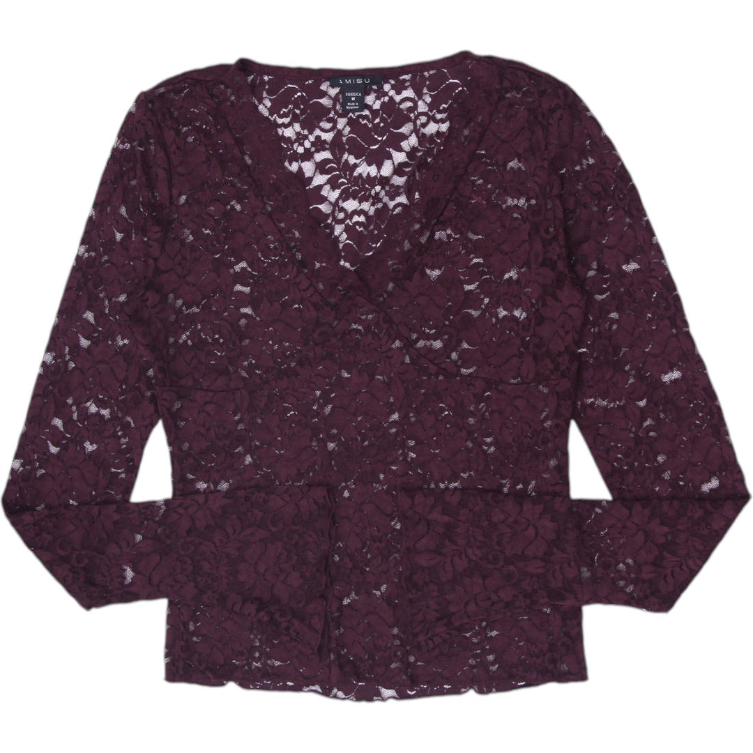 Y2K Ladies Sheer Stretch Floral Lace Surplice Top Size M