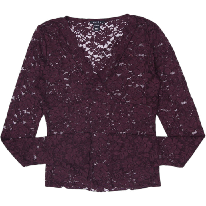 Y2K Ladies Sheer Stretch Floral Lace Surplice Top Size M