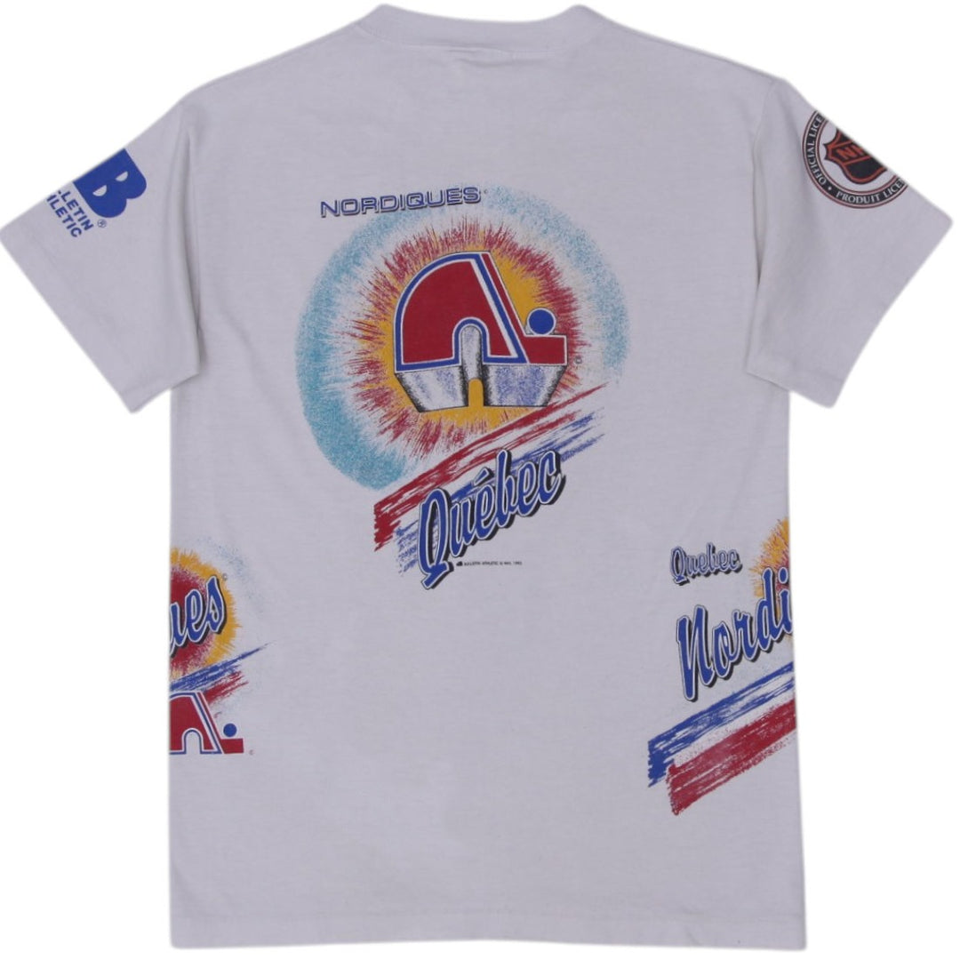 Vintage Mens Quebec Nordiques T-Shirt White Graphic NHL Single Stitch | Migration_T-Shirts - Side View | Fashion Rerun