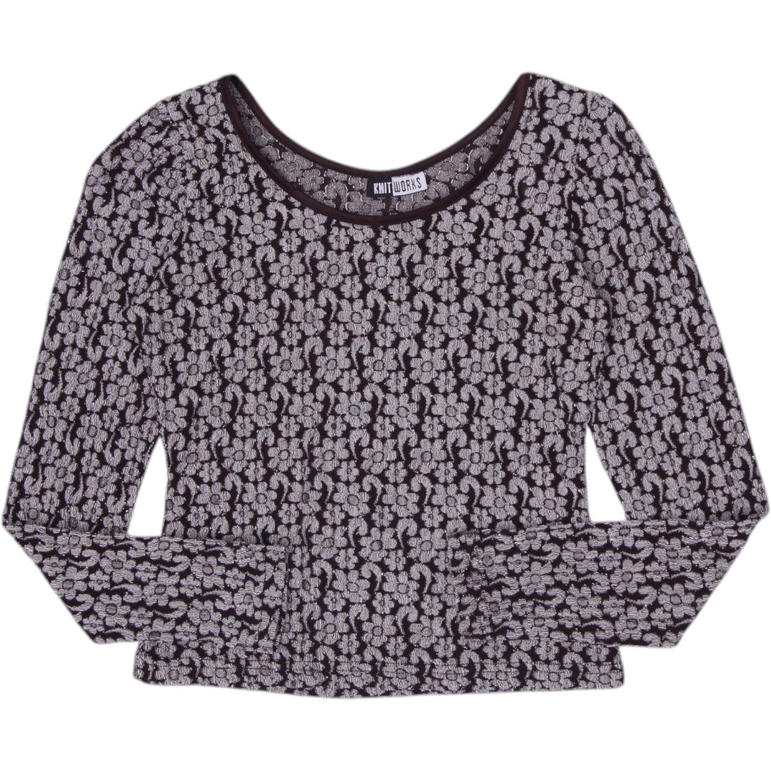 Y2K Ladies Knit Works Brown & Cream Floral Jacquard Scoop Neck Top Long Sleeve
