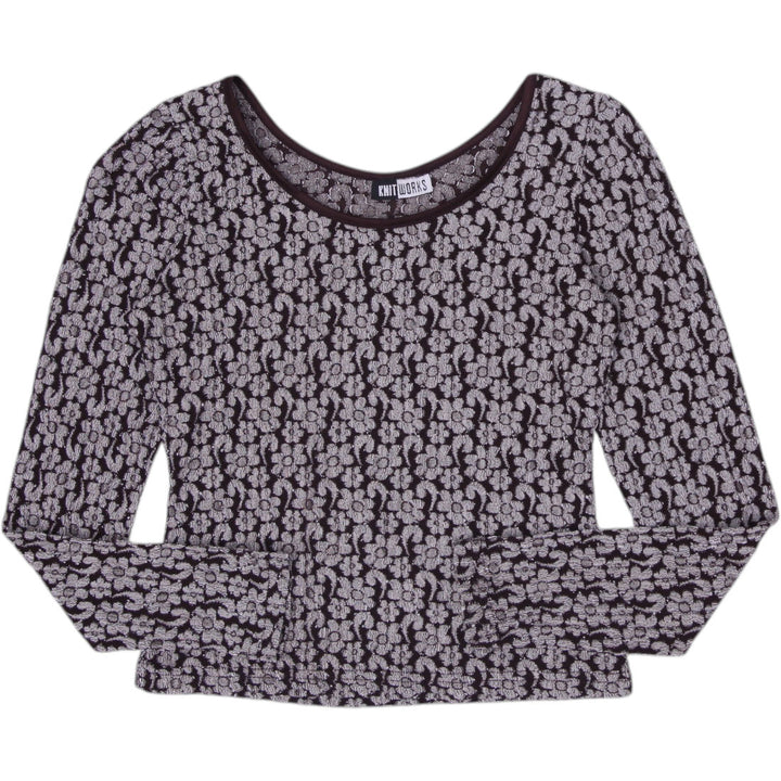Y2K Ladies Knit Works Brown & Cream Floral Jacquard Scoop Neck Top Long Sleeve