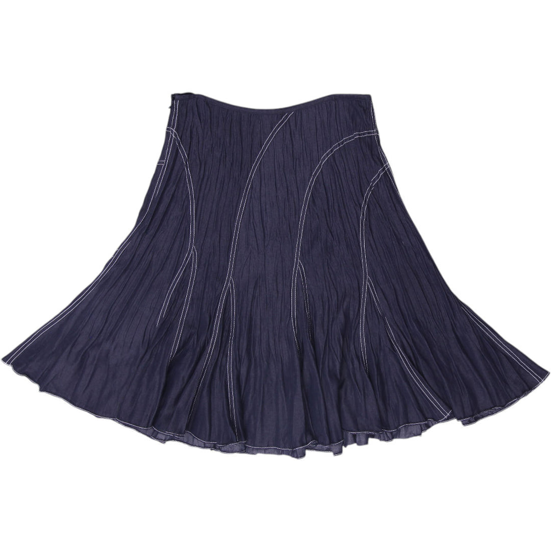 Y2K Ladies Simon Chang Crinkle Paneled Midi Skirt with White Contrast Stitching