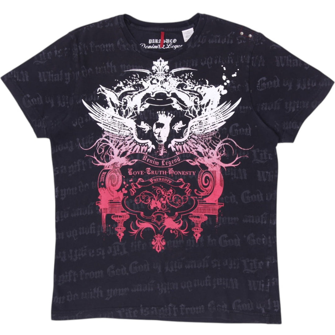 Y2K Mens Parasuco Denim Legend Graphic T-Shirt Cupid Angel Gothic Black Small