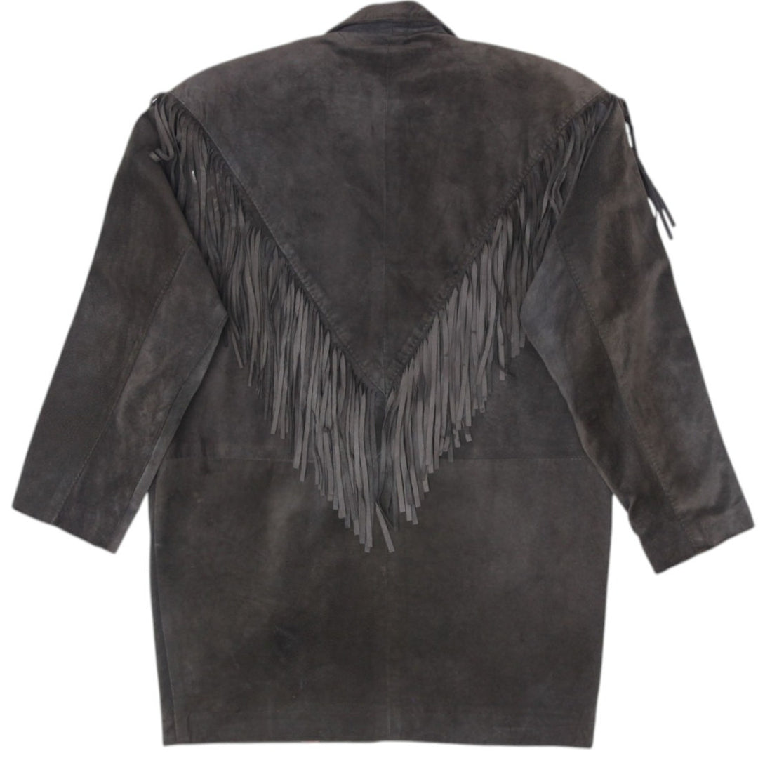Vintage 90s Dark Green Suede Leather Fringe Western Jacket Size S | Migration_Jackets - Side View | Fashion Rerun