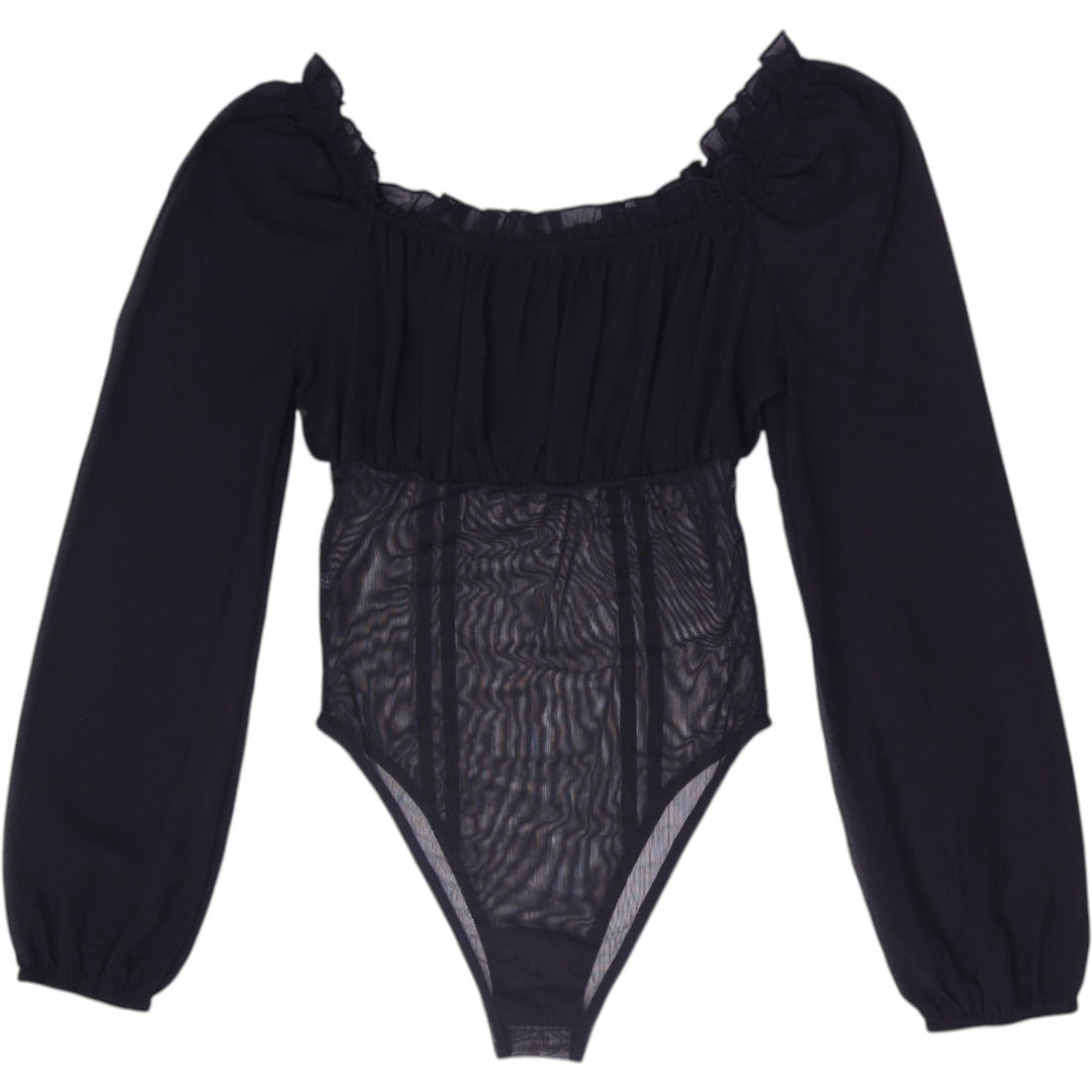 Y2K Ladies Long Sleeve Sheer Corset Bodysuit