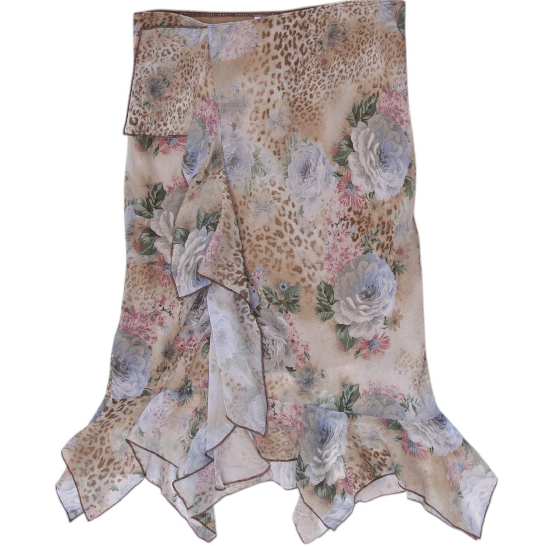Y2K Ladies XOXO Skirt Beige Floral Leopard Print Ruffle