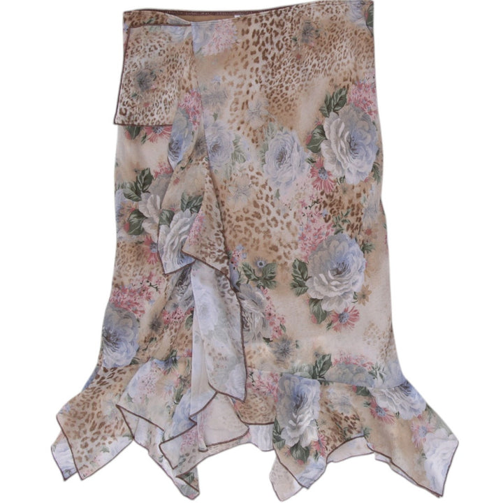 Y2K Ladies XOXO Skirt Beige Floral Leopard Print Ruffle