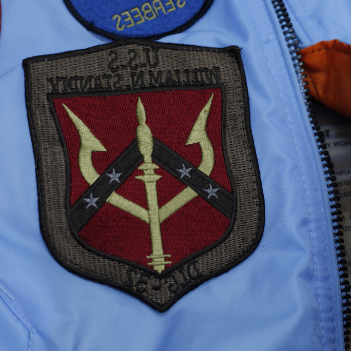 Vintage Mens Top Gun MA-1 Bomber Zipper Jacket Light Blue Patches S | Migration_Jackets - Alternate View | Fashion Rerun
