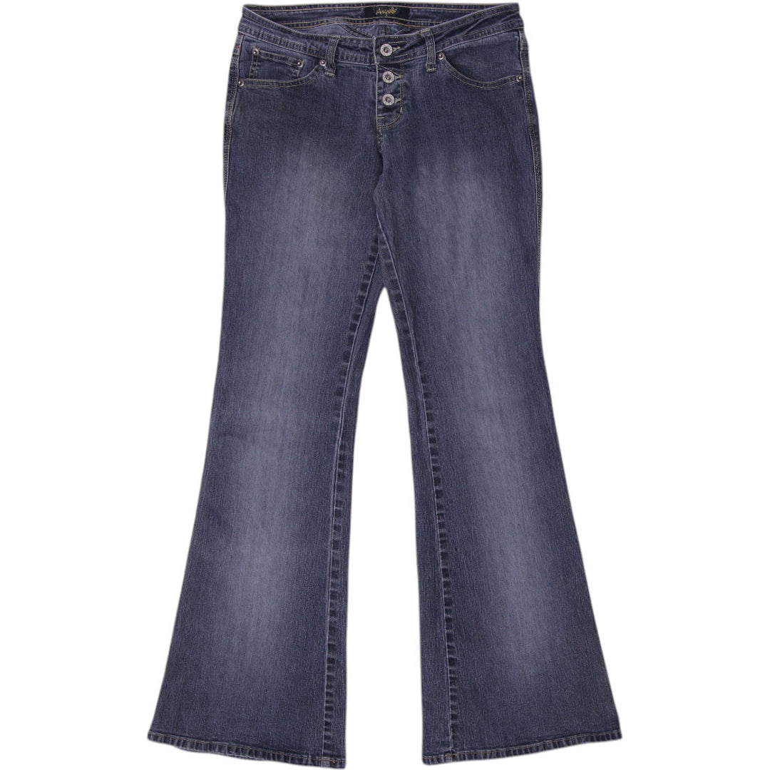 Y2K Ladies Angel Dark Blue Denim Embroidered Pockets Flare Jeans Size | Migration_Jeans & Pants | Fashion Rerun