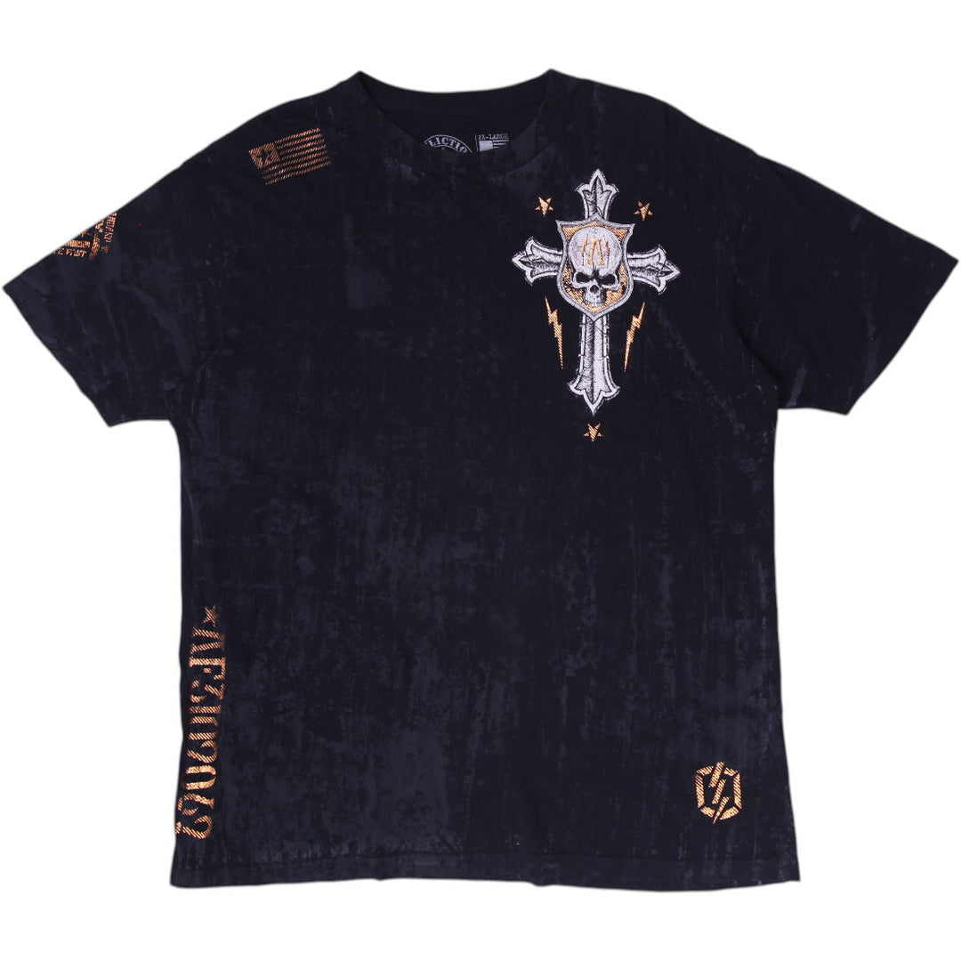 Y2K Mens Affliction Live Fast Lava Wash Cross Wings Skull T-Shirt Size 2XL