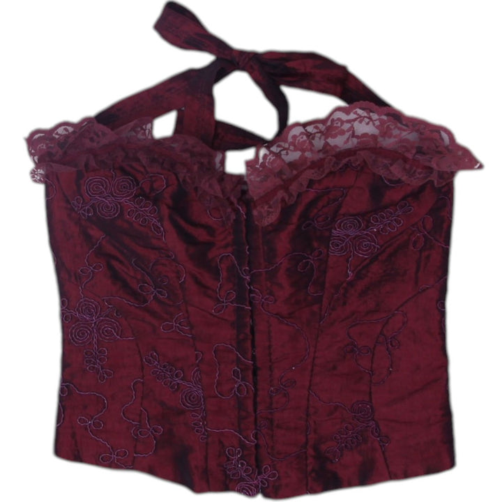Y2K Ladies Maroon Lace Embroidered Corset Halter Top Size XS | Migration_Y2K Tops | Fashion Rerun
