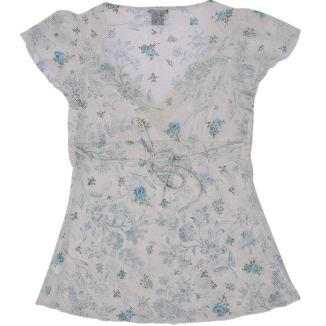 Y2K Ladies F.A.N.GFloral Mesh Flutter-Sleeve Empire-Waist Top Size M