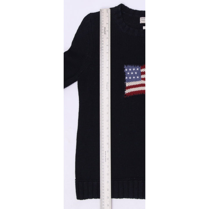 Vintage Black Polo Ralph Lauren American Flag Cotton Crewneck Sweater M