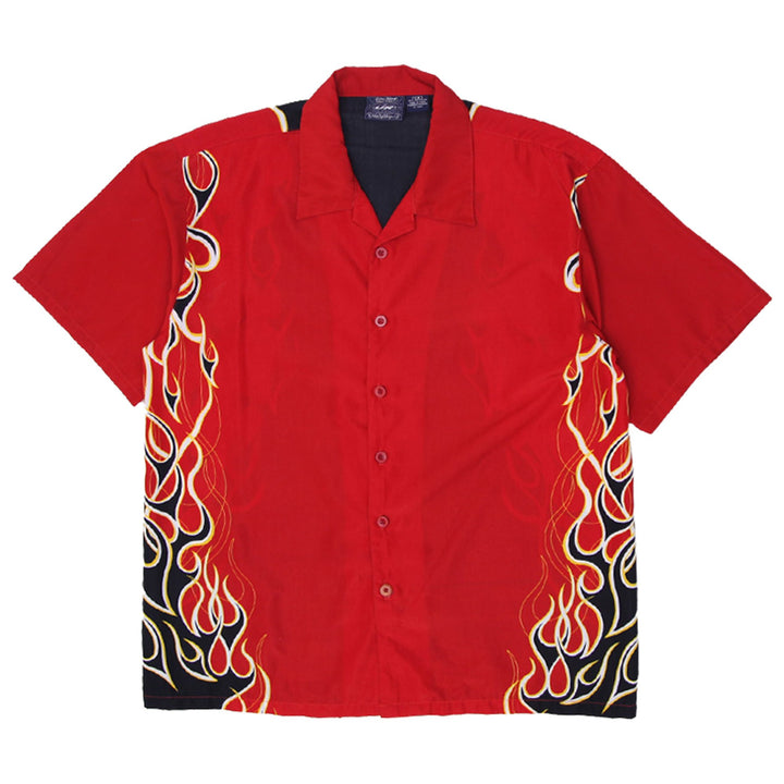 Mens Urban Rag Flame Button Up Shirt Red Black Graphic Casual