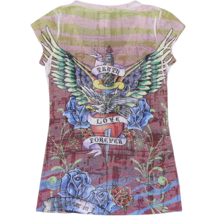 Y2K Ladies Tattoo Graphic Rhinestone Cap Sleeve T-Shirt Made in USA Size M