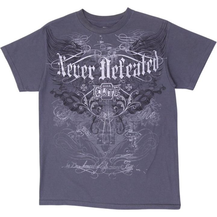 Y2K Mens MMA Elite "Never Defeated" Graphic T-Shirt Charcoal Grey Size M